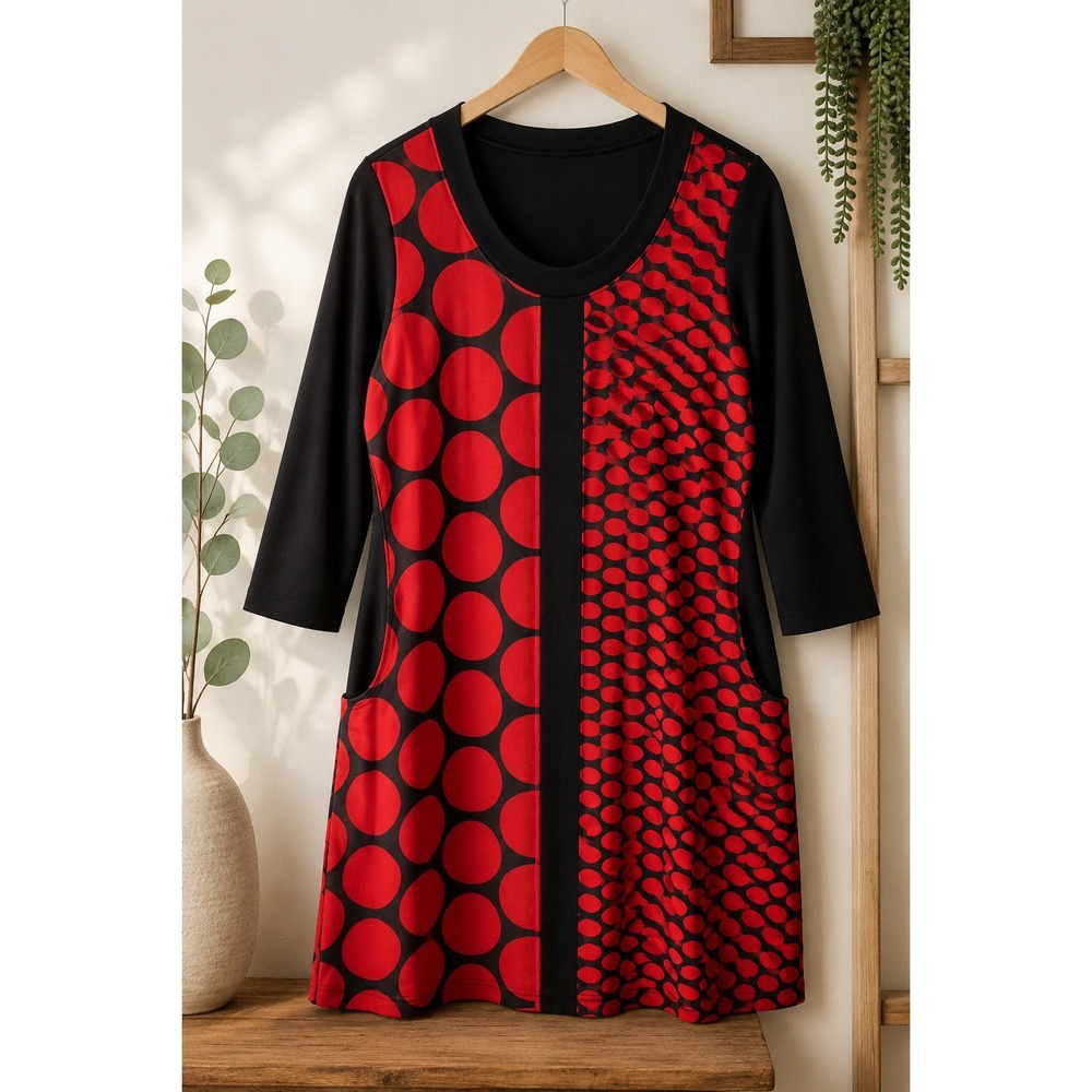 Papillon XL Black Red Geometric Mod Tunic Dress 3/4 Sleeve Pockets Stretch